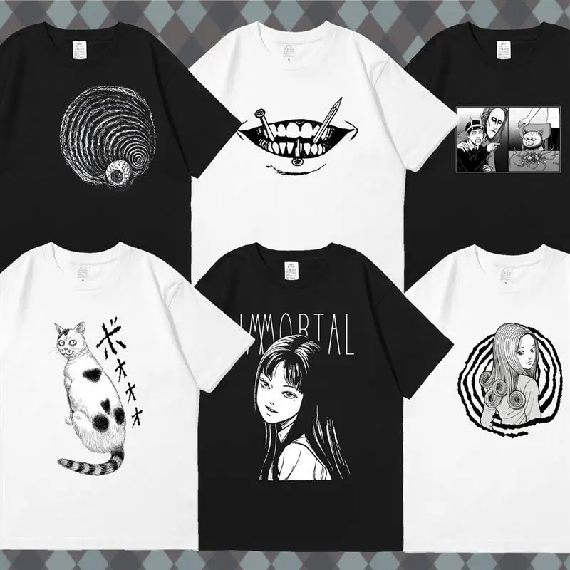 2024 Junji Ito Tomie T-shirt Cute Pattern Printed Retro Top Fashion Pure Cotton Anime Japanese Versatile Couple Short Sleeve