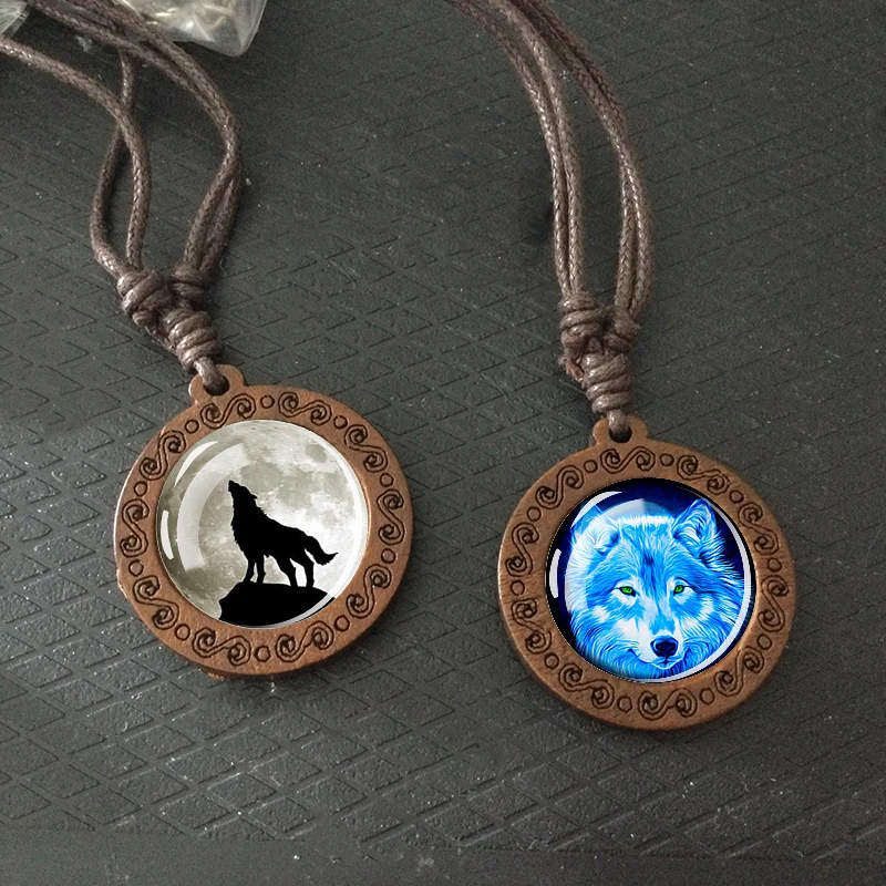 Wolf Glass Dome Necklace Men Vintage Wolf Head Wood Pendant Rope Chain Necklace Retro Jewelry