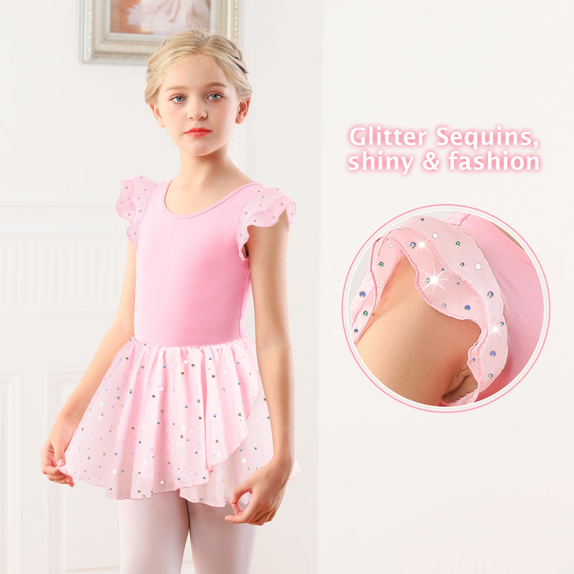 Young Girl Heart-shaped Hollow-out Back Double Layer Ruffle Sleeve Leotard Made Of Chiffon For Dance Performance & Gift