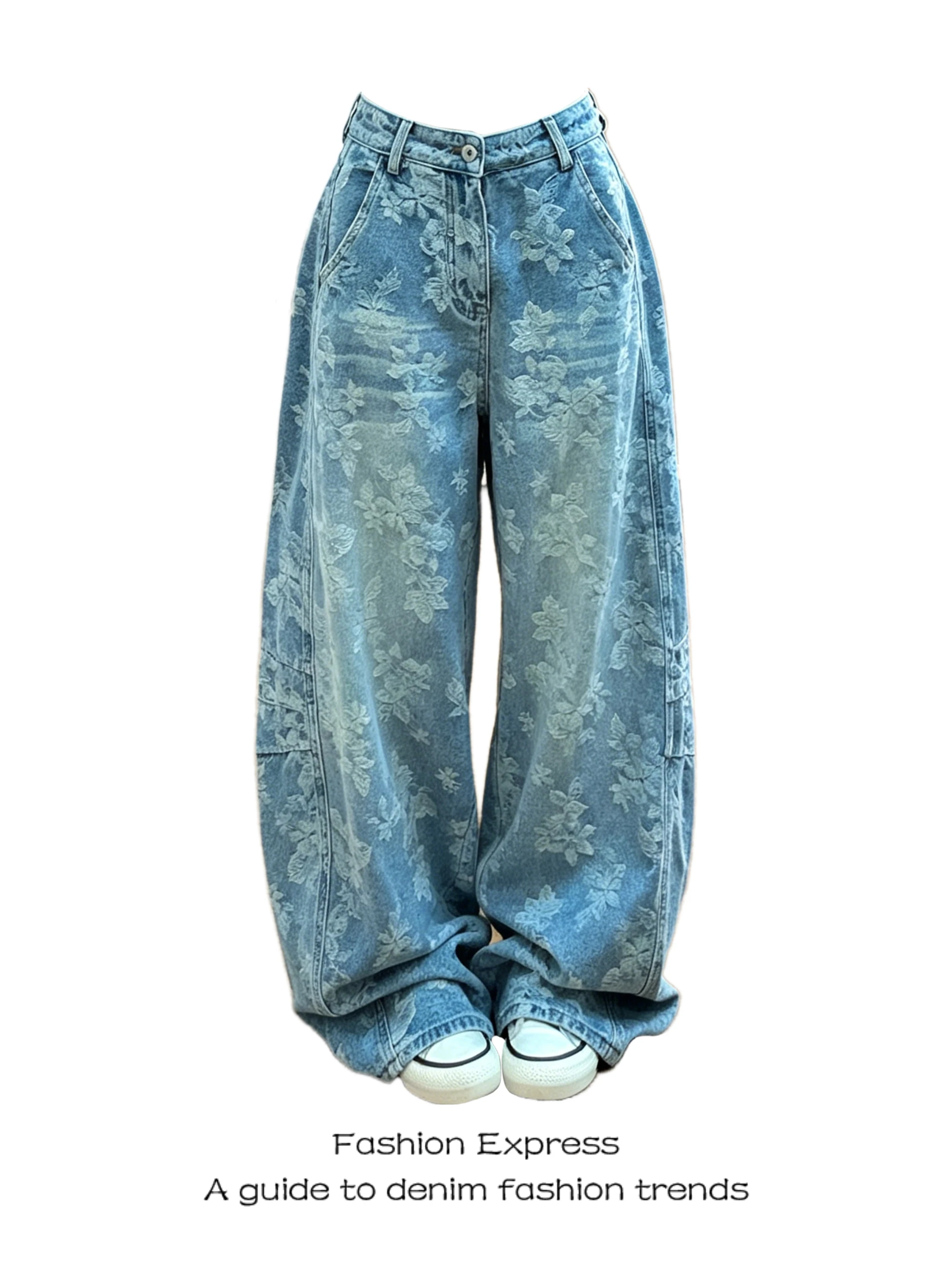 

Floral Embroidered High Waist Wide Leg Jeans Women's Summer New Straight Slimming Washed out Street Style Floor-Length Pants