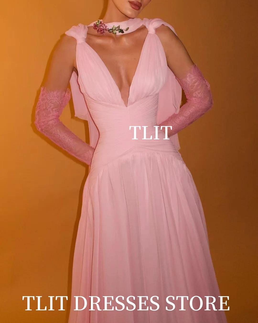 فستان سهرة طويل من TLIT بسيط وردي على شكل حرف a للنساء العربيات السعوديات برقبة على شكل حرف v فستان رسمي للحفلات من الشيفون الحريري فستان مخصص #3