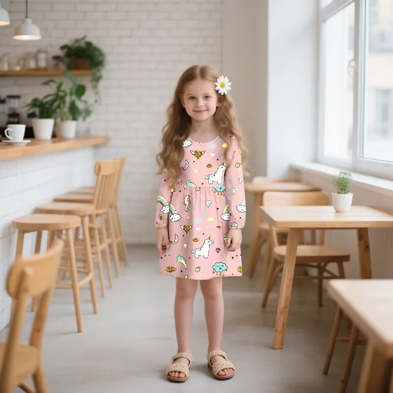 

Girls Pink Unicorn Rainbow Long Sleeve Dress Cartoon Print Sweet Cute Princess Children's Fashion 2026
