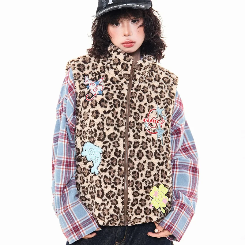 

Leopard Embroidery Vests Women Vintage Streetwear Sleeveless Japanese Coats Sweet Loose Casual Y2K Cartoon Preppy Female Tops