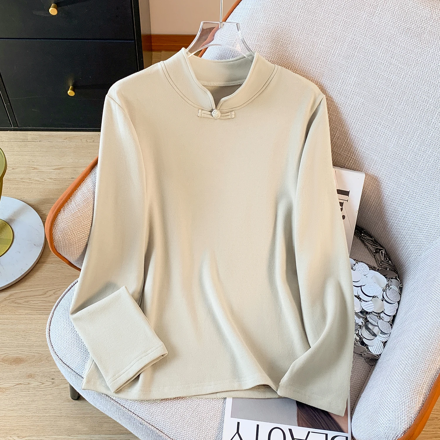 Ele Chinese Sle Long Sve T-irt レディース ベース irt QiPao トップ 韓国版 ルーズフィット カラー デルボ生地