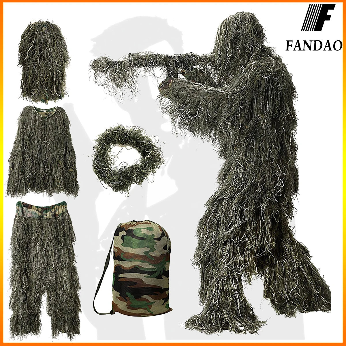 Outdoor Tactical Ghillie Suit Hunting Apparel Camouflage Jacket Pants Hood Carry Bag Jungle Hidden Protective Clothing 5 in 1