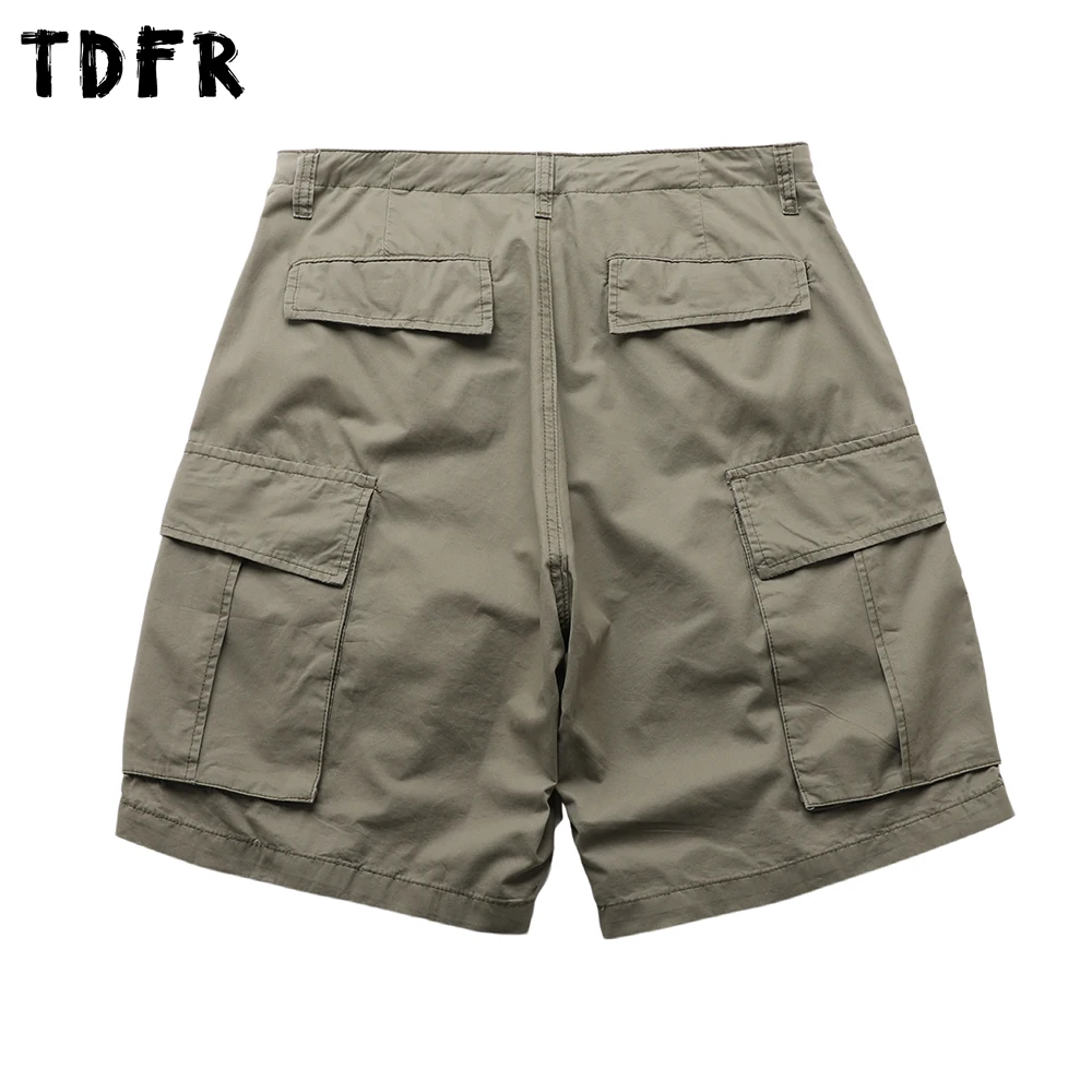 Big Pocket Cargo Shorts Mens Summer Solid Color Retro Safari Style Drawstring Waist Baggy Wide Leg Knee-length Shorts Man