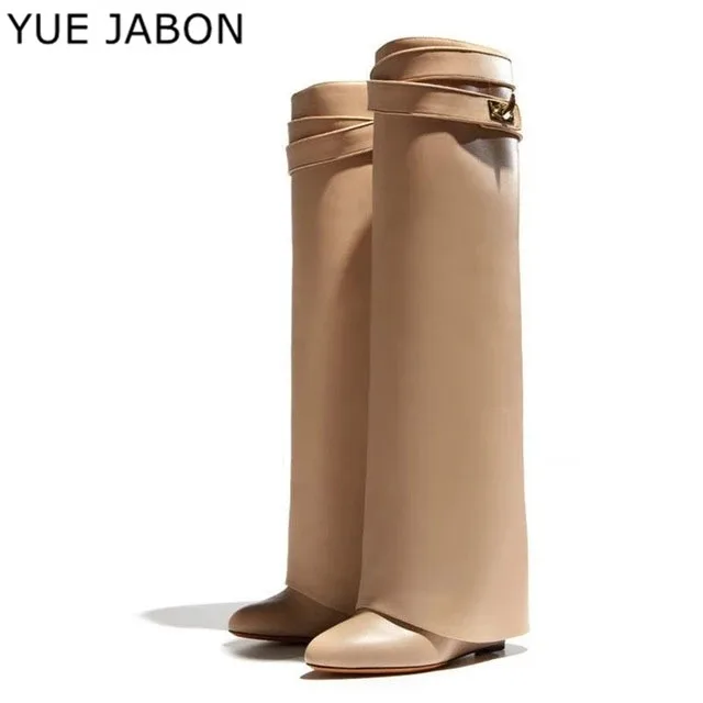 Silver Metal Shark lock Knee high Boots Women Pointed Toe Real Leather Wedge Increase Height High Heel Shoes Woman Botines Mujer