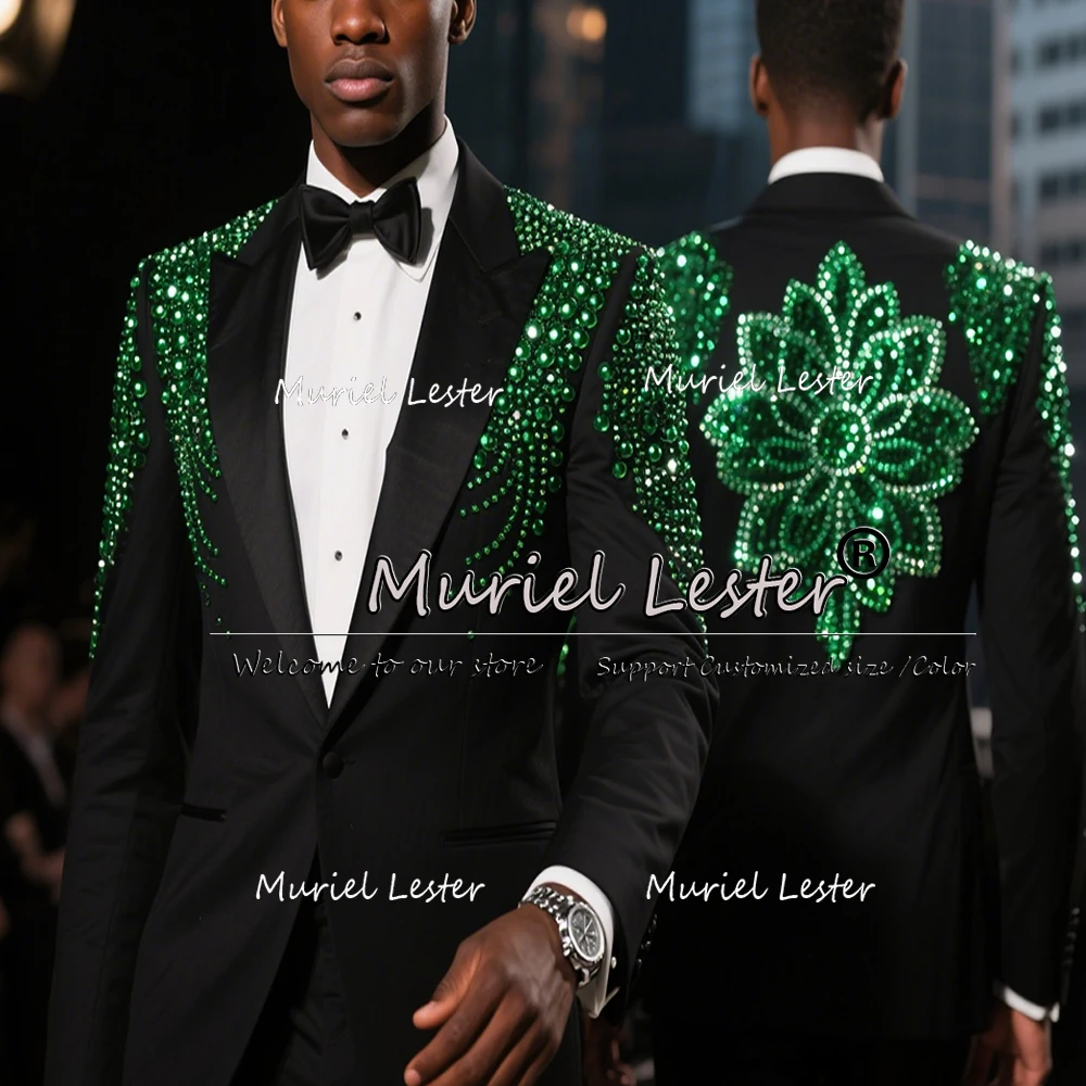 

Unique Design Beaded Suits Men For Wedding 2 Pieces Single Breasted Groom Blazers Customized Man Banquet Tuxedo Costume Homme