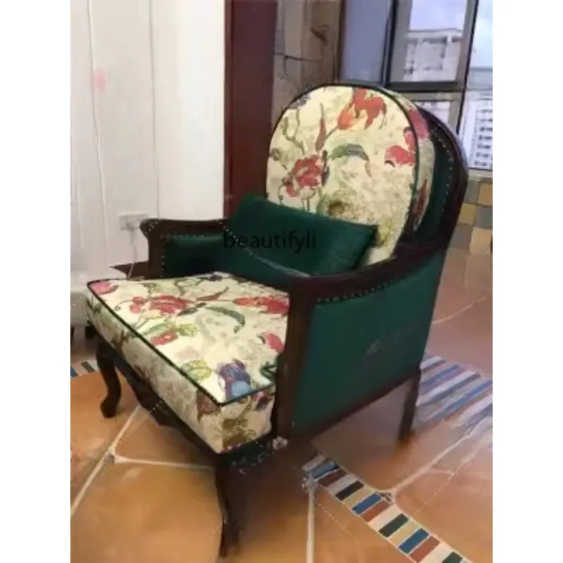 A44 البلد الأمريكي أريكة خشبية صلبة كرسي النسيج الأوروبي عالية الظهر كرسي مجنح غرفة المعيشة الفرنسية أريكة واحدة كرسي الاستجمام