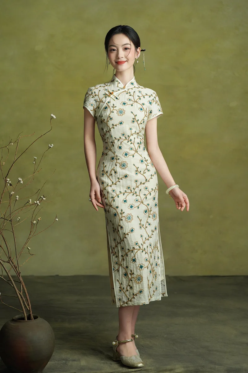 Embroidered Floral Cotton Linen Long Cheongsam Women Girls' Short Sleeves Young Qipao Dress