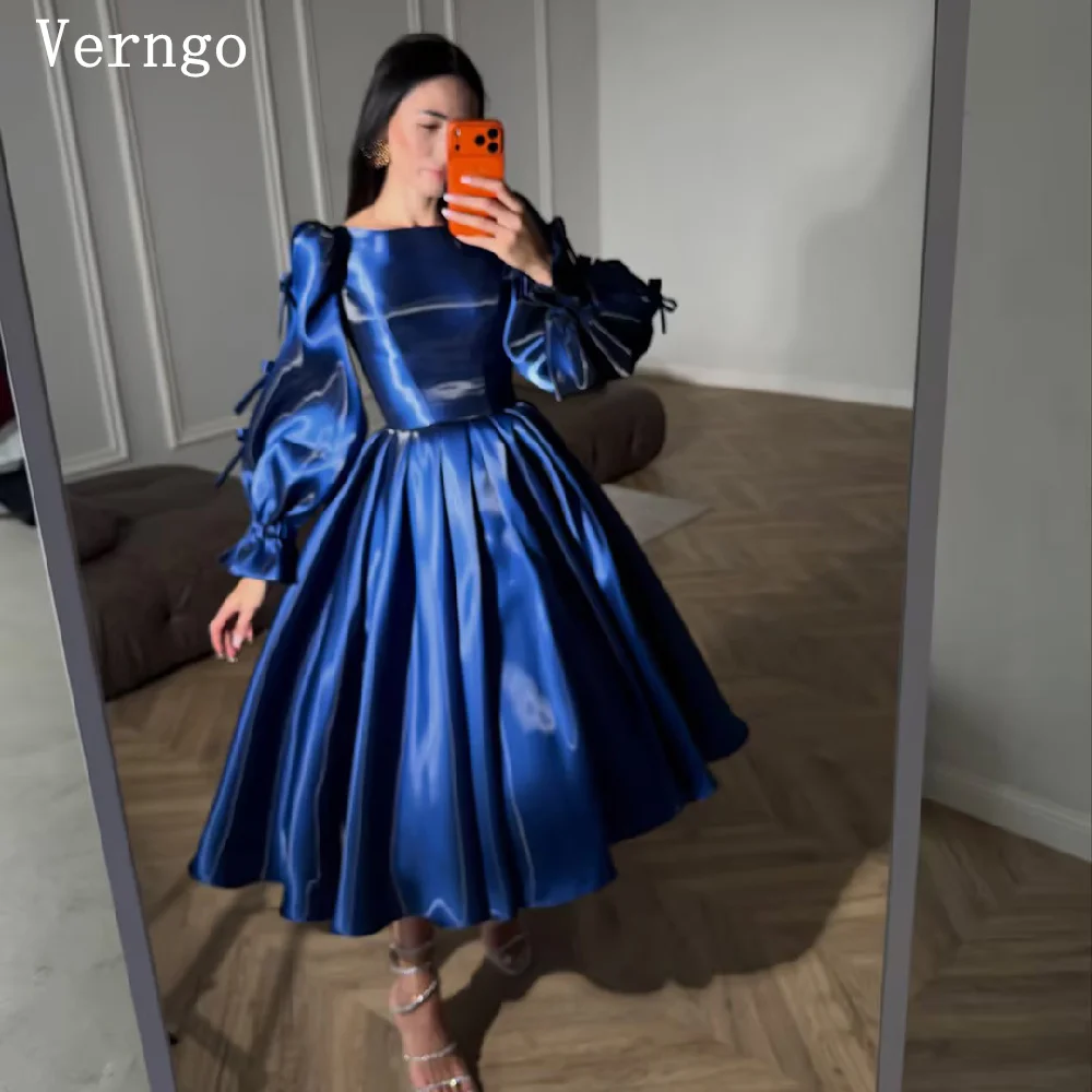 Verngo Luxury Shiny Royal Blue Satin Prom Dress O Neck Full Sleeves A Line Party Dresses Lace Up Ball Gown Customized