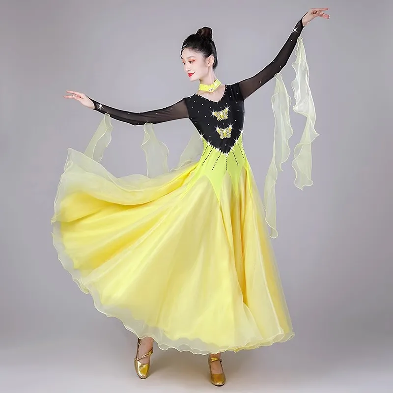 여성용 볼룸 댄스 드레스 공연용 모던 댄스 의상 긴 소매 빅 스윙 탱고 왈츠 표준 의류