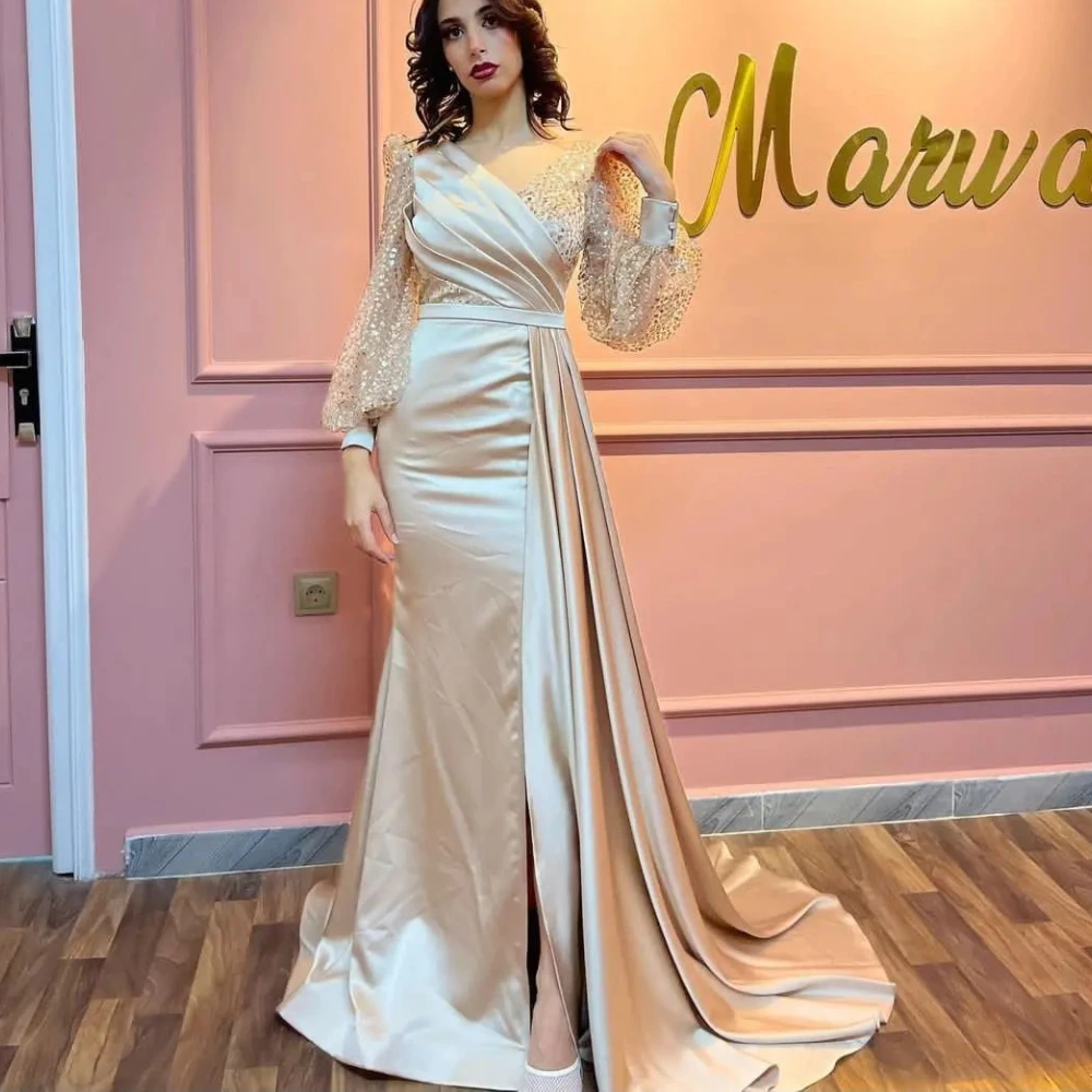 

Carolina V-Neck Mermaid Evening Dresses Women Saudi Arabia Puffy Sleeves High Split Wedding Guest Elegant Formal Party Gowns