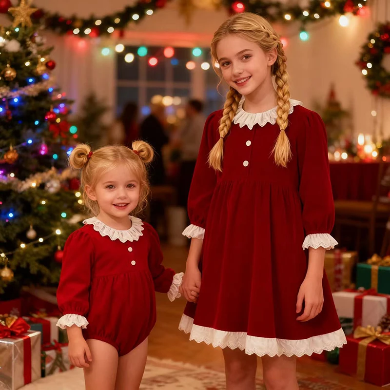2025 neue Weihnachten Kleidung Mädchen Party Kleid Herbst Spleißen Kinder Prinzessin Rote Kleider 2-6Yrs Baby Mädchen Lange Ärmeln strampler