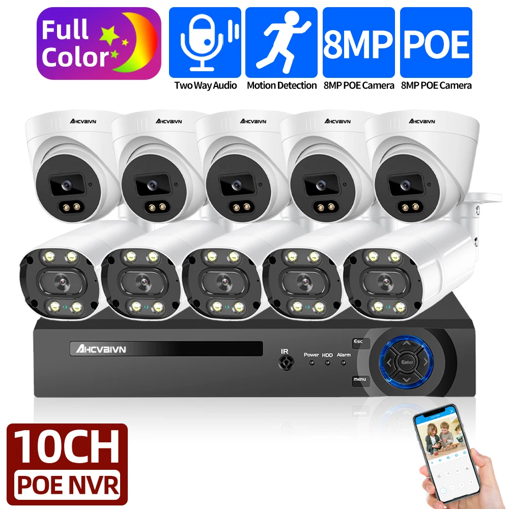 

4K NVR Kit 8CH 10CH POE Camera System 8MP Full Color Night Vision Two way Audio IP Camera Outdoor Security Video Surveillance