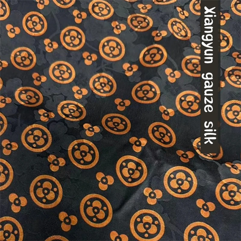 30 Mm Black Bottom Orange Circle Jacquard Fragrant Cloud Yarn 100% Silk Fabric Luxury Dress Brocade Fabric Sewing Material Meter