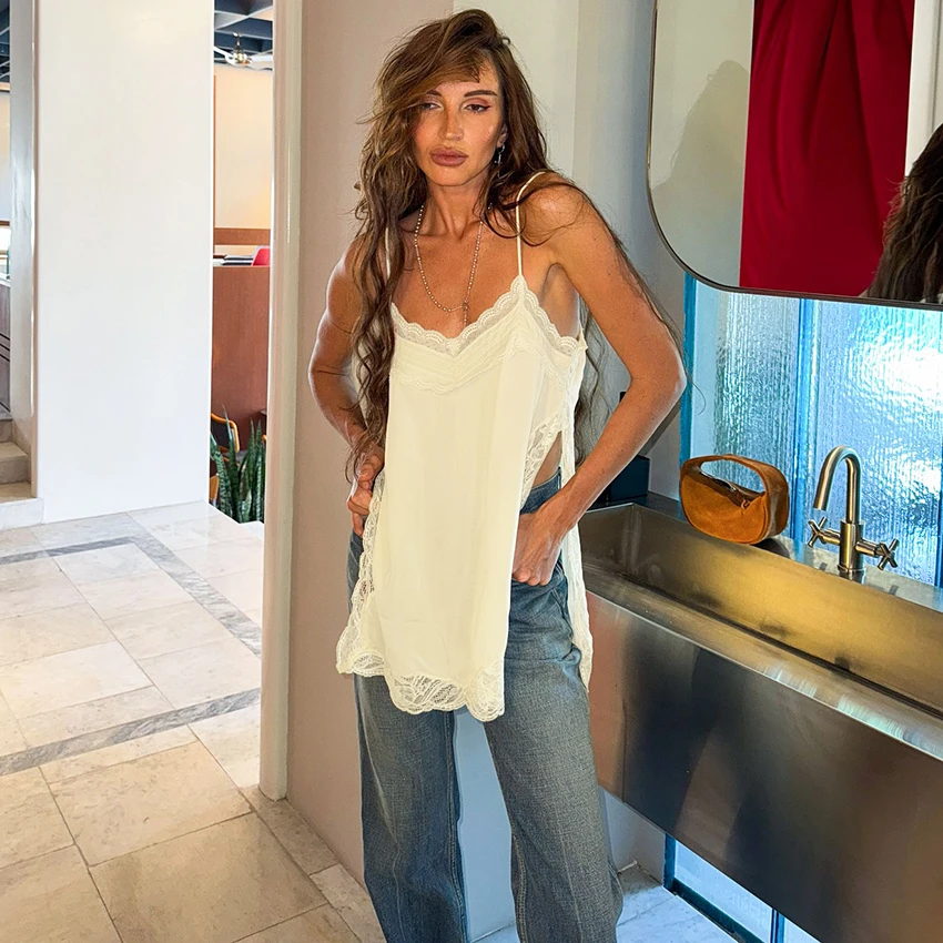

Linad Sexy Champagne Lace Split Camisole Woman Elegant Spaghetti Strap Loose Tops Women Street Chic Backless Vest Female 2025