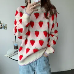 Women's Fruit Sweater Cozy Knit Cute Peach Strawberry Crew Neck Long Sleeve Oversized Pullover Jumper Soft Girl Fall Winter