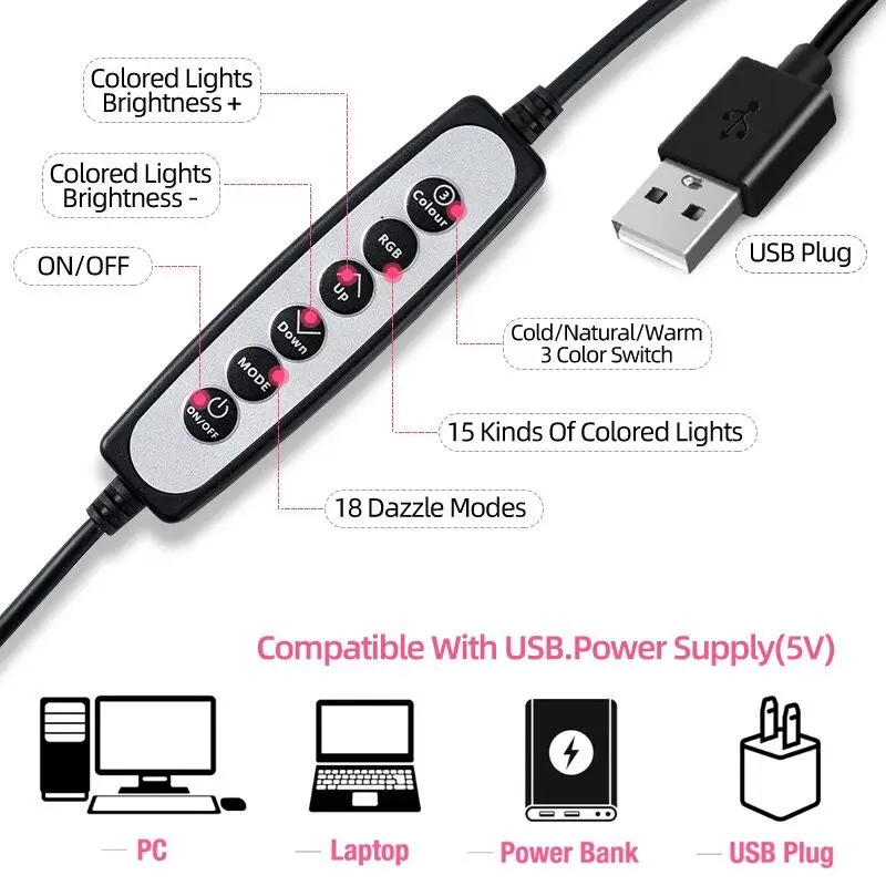 Anillo de luz LED para selfi, iluminación RGB multicolor para fotografía, maquillaje y vídeo, alimentación por USB, con clip para teléfono, transmisión en vivo, 26cm de diámetro