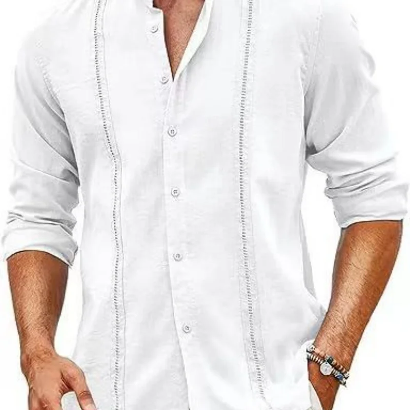 New Men\'s Fashion Cuban Style Casual Trend Button Summer Beach Vacation Cotton Hemp Shirt Looseon Linen Shirt Loose Stand Collar