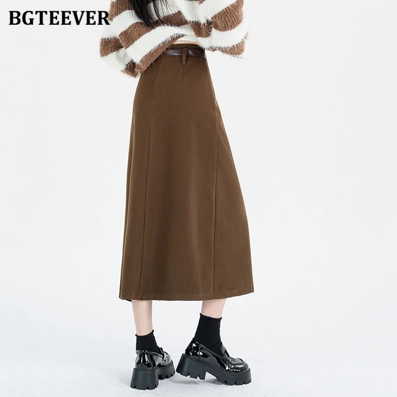 BGTEEVER Vintage Loose Female Woolen Skirts Autumn Winter High Waist Ladies Mid-Length A-line Skirt Elegant Women Pleated Skirts