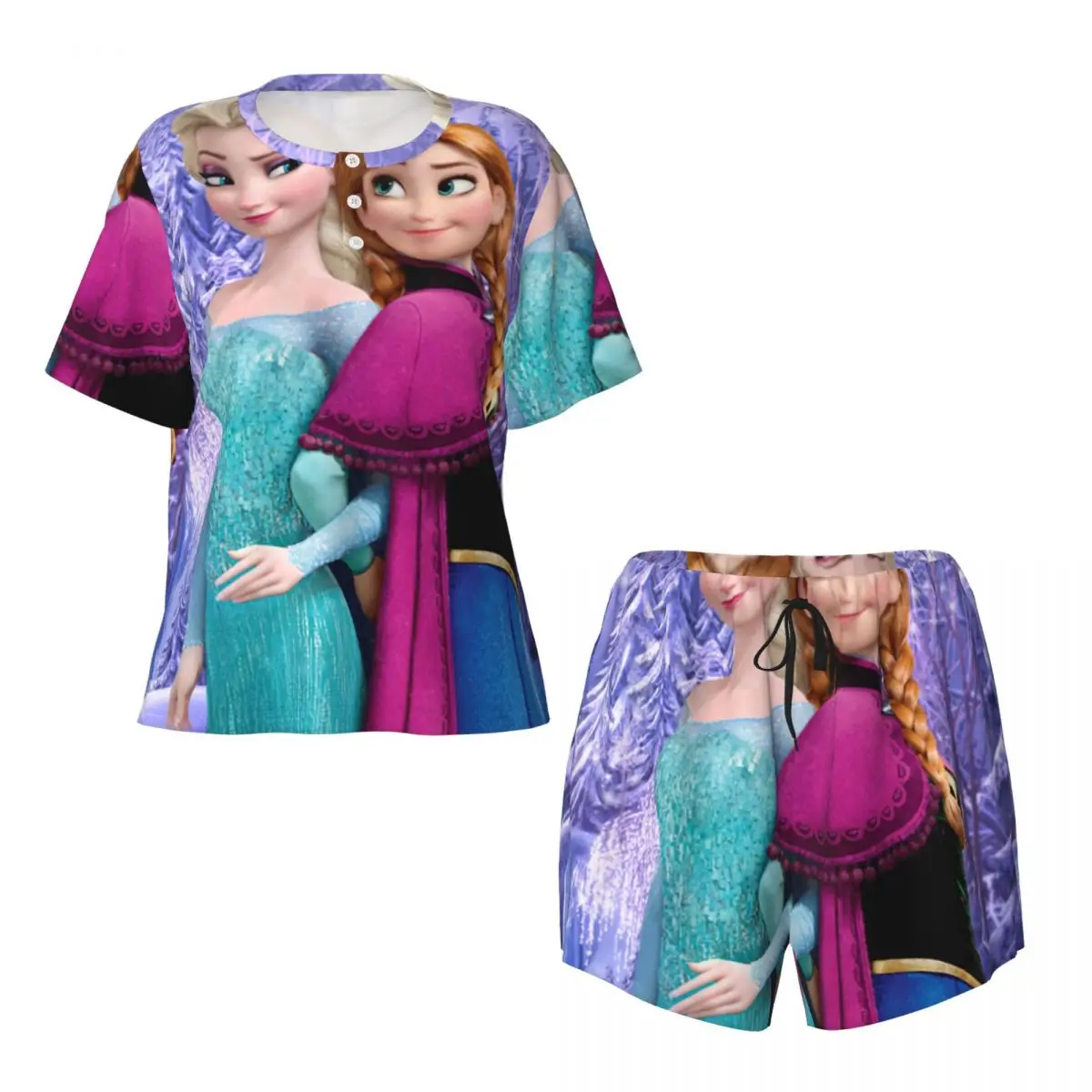 Custom Printed Women Cartoon Frozen Pajamas Set Short Sleeve Anna And Elsa 2 Piece Sleepwear Pjs Lounge Sets