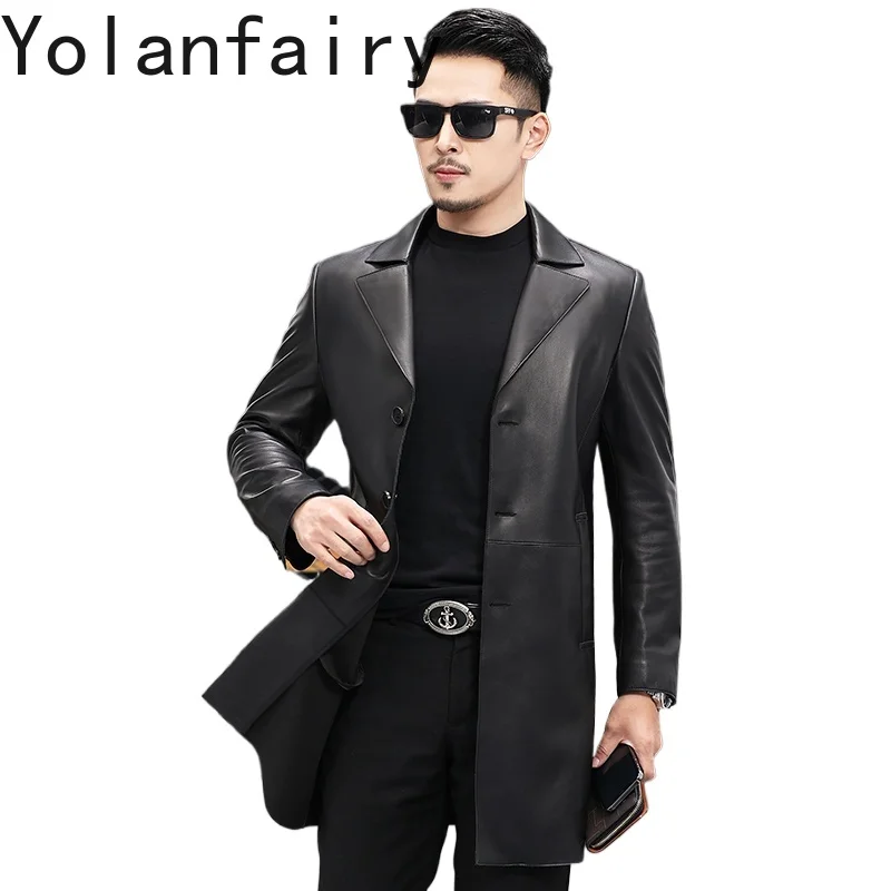 

YOLANFAIRY Real Sheepskin Genuine Leather Jackets Man Fashion Mid-length Men Leather Jacket Single Breasted Trench Coat Slim Fit