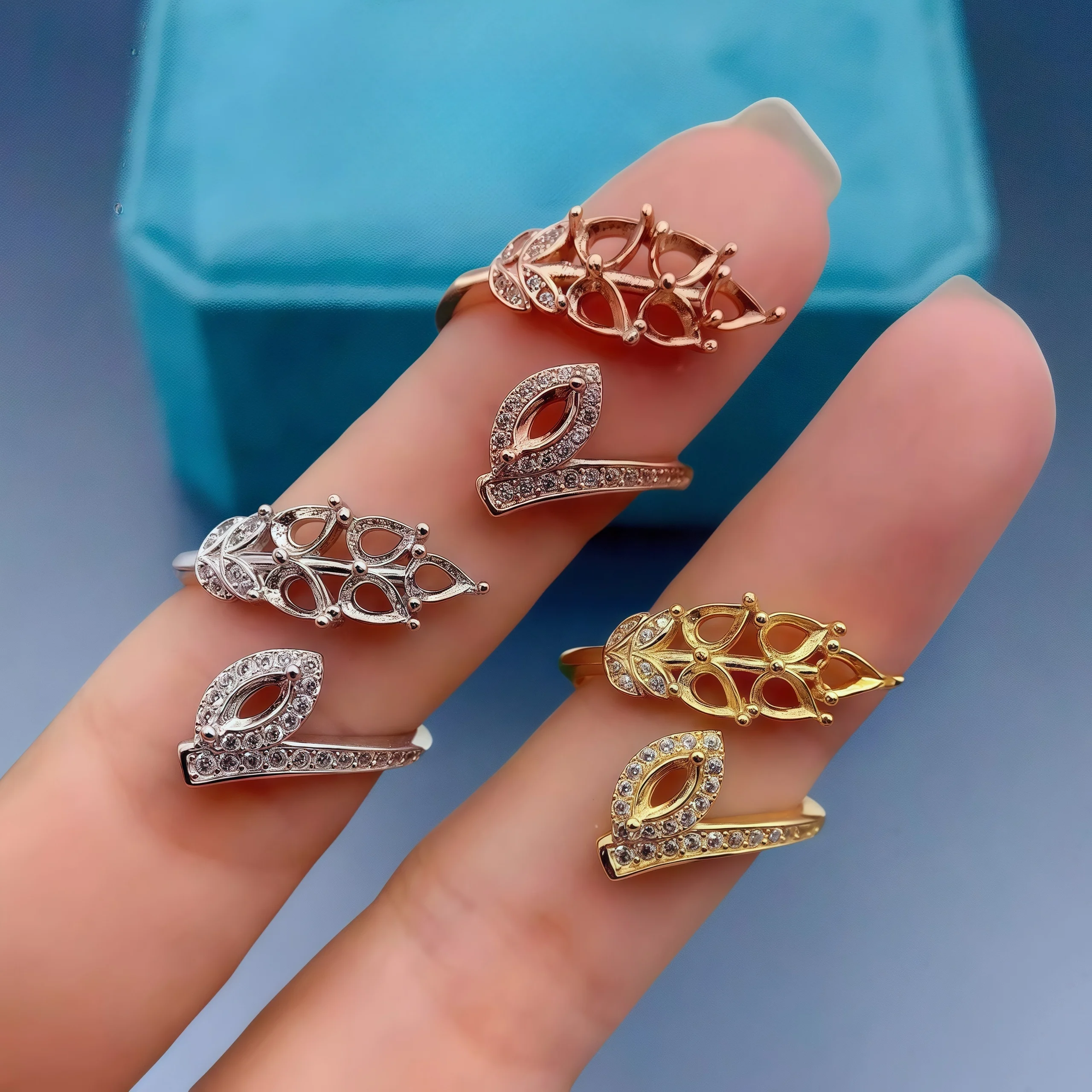 L S925 فضة حلقة الإعداد 3*4/2*4 مللي متر قطرة الماء حجر لتقوم بها بنفسك حامل فارغ غرامة مجوهرات Charm ورقة على شكل تصميم للمرأة #2