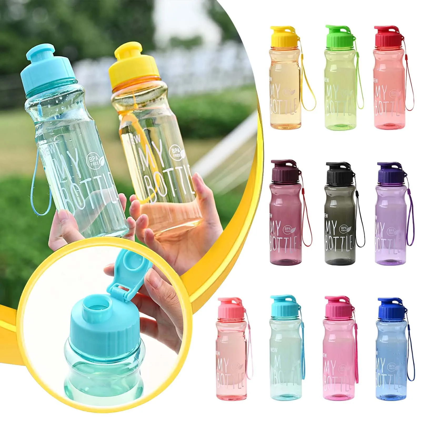 650ml Plastic Water Bottle Portable Sports Cup With Anti Drop Rope Outdoor Water Container Color Transparent Pet Flip Cover