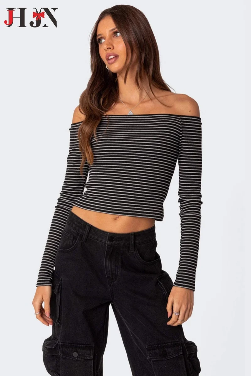 2025 Women's Stripe Long Sleeve T-Shirt New Style Clashing colours One-line collar Strapless Bottom Shirt Slim Sexy Long Sleeve