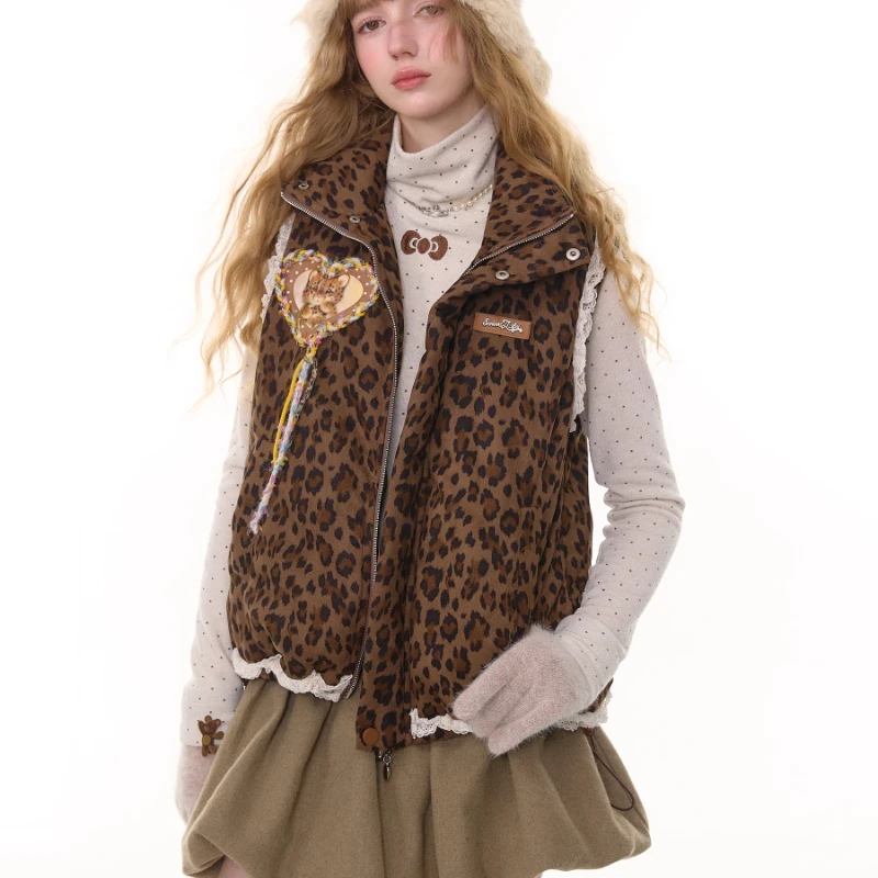 Herfst Winter Verdikte Bruine Luipaard Kanten Afwerking Dames Katoenen Jas Amerikaanse Retro Zoete Koele Veelzijdige Warme Vest Jas Dames