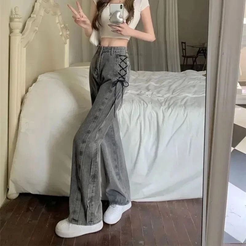 Black Gray Lace Up Design Jeans Women Vintage High Waist Straight Denim Pants Female Autumn Winter New Wide Leg Trousers Y2k