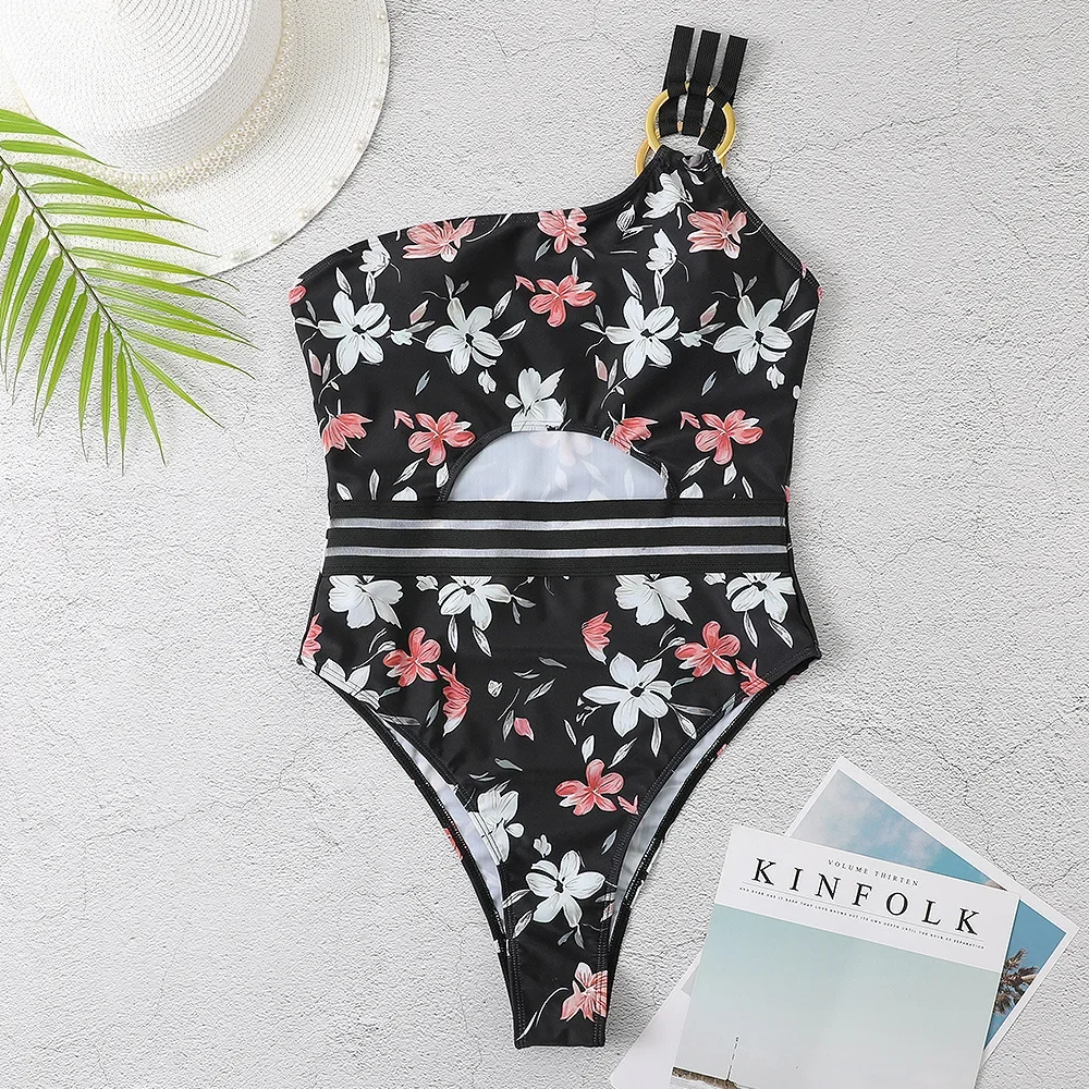 Women's Patchwork Print One-Piece Swimsuit Sexy Backless & Slim-Fit Design One Shoulder Summer Floral Thongs Swimsuit Bodysuit
