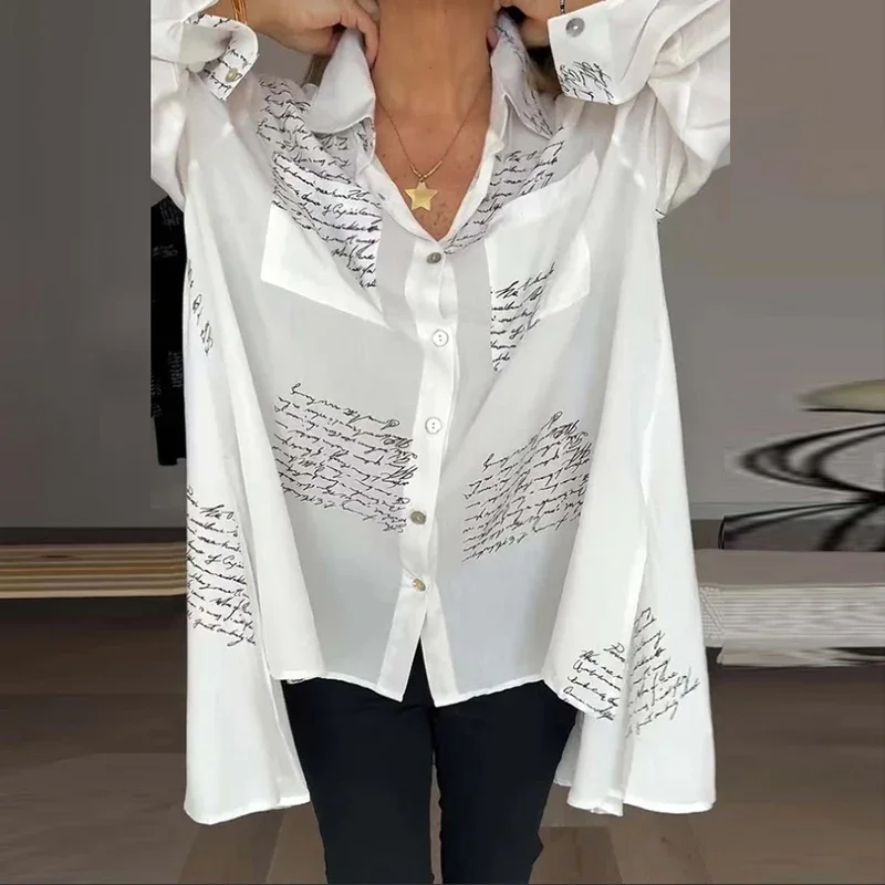 Women Fashion Long Sleeve Button Shirt Blouses 2024 Turn Down Collar Letter Print Shirts For Women Casual Loose Office Shirts