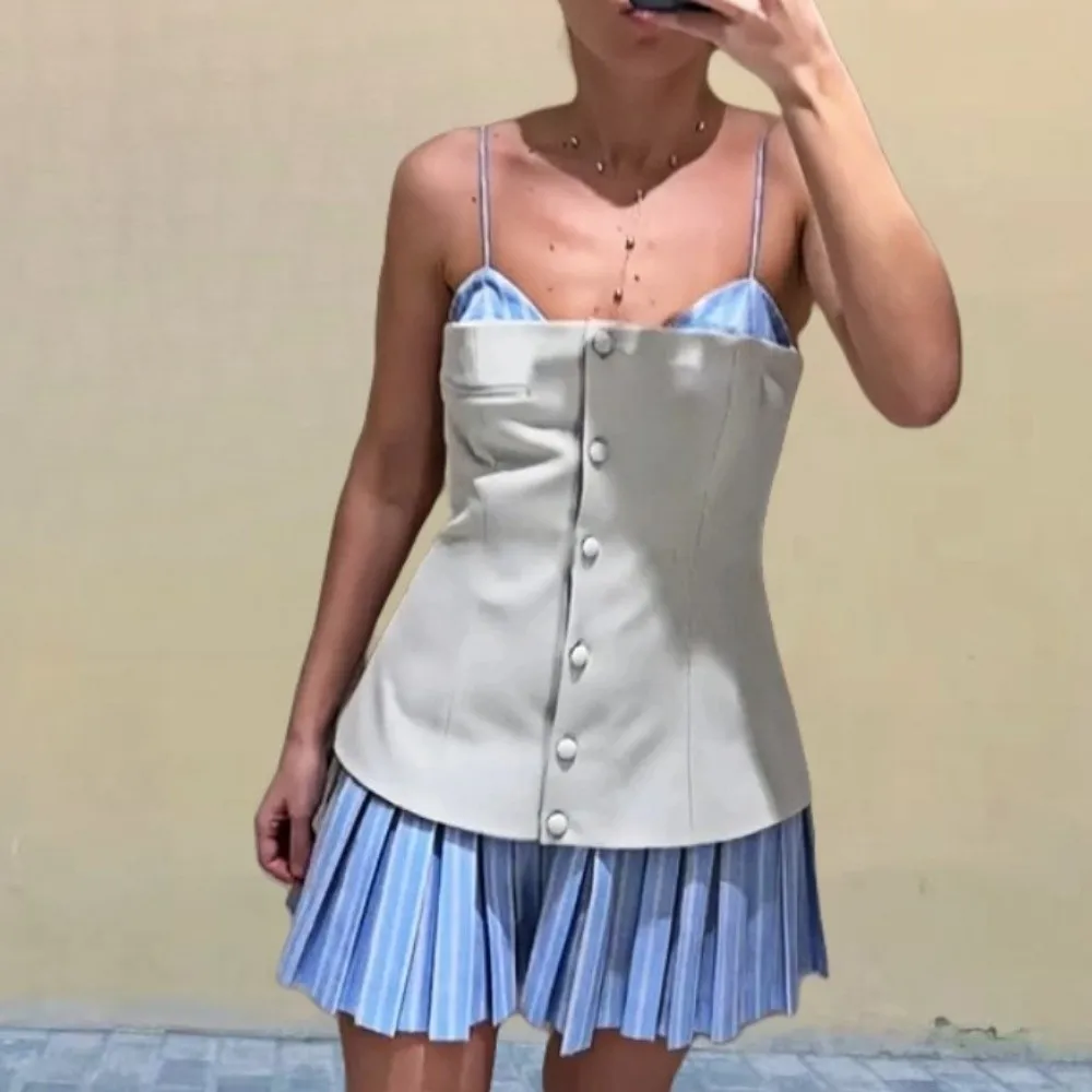 

Striped Sleeveless Dress Patchwork Wide Pleated Blue Color Suspenders Short Skirt Loose Casual College Style Pleated Skirt