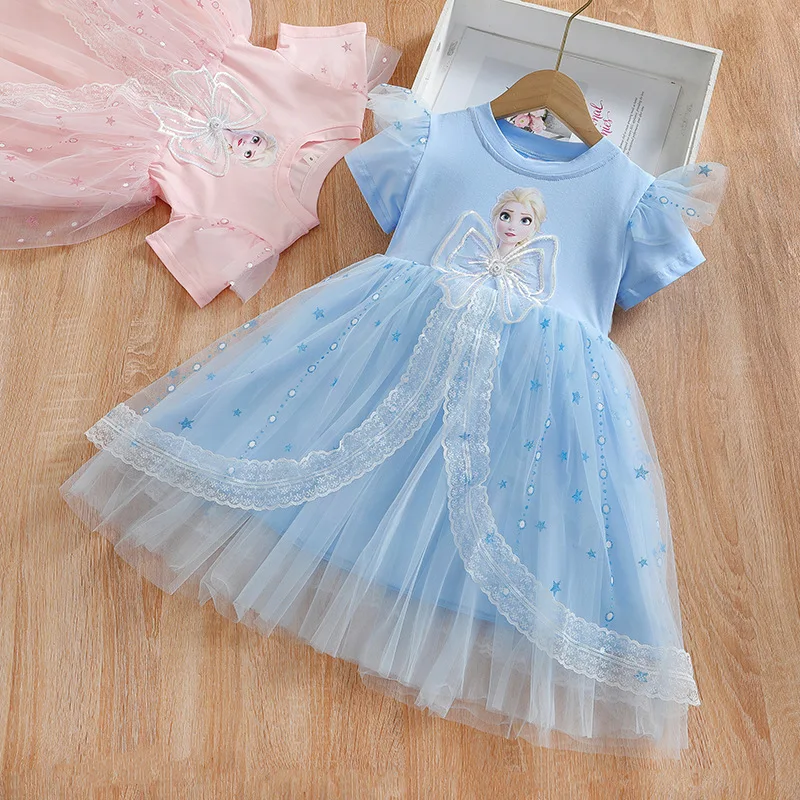 2024 New Girls Clothes Summer Flying Sleeve Kids Dress Party Baby Dresses for Children Clothing Frozen Elsa Princess Dresses