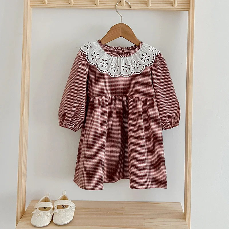 Autumn Kids Baby Girls Dress Lace Collar Grid Princess Dress New Baby Girls Sweet Dress Cotton Children Girls Clothes Dress