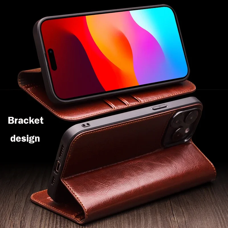 QIALINO Genuine Leather Flip Case for iPhone 15 Plus Handmade Fashion Business Cover with Card Slots for iPhone 15 Pro Max/15