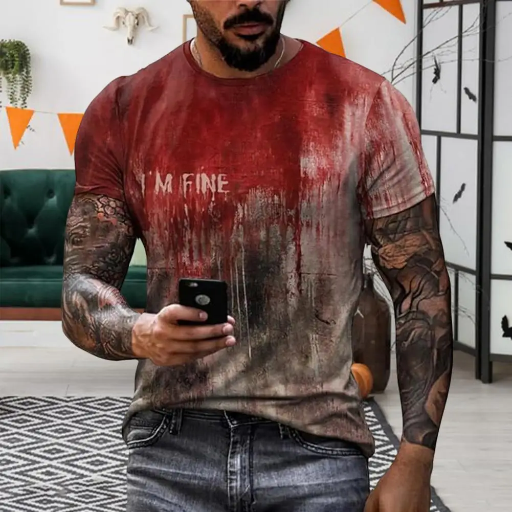 2026 Men Halloween T-shirt Spooky Crew Neck Short Sleeve Tee Blood Stain Print T-shirt for Halloween Dress-up Horror Themed Part