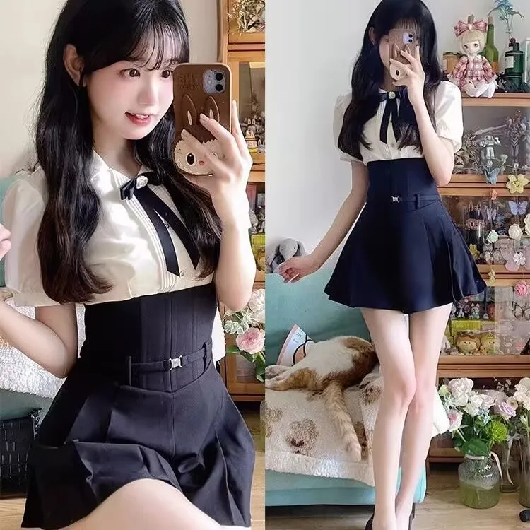 

American College Style Hot Girl School Uniform Set Bow Top High Waist Culottes Improved Japan Korea Style Daily Jk Uniform Set