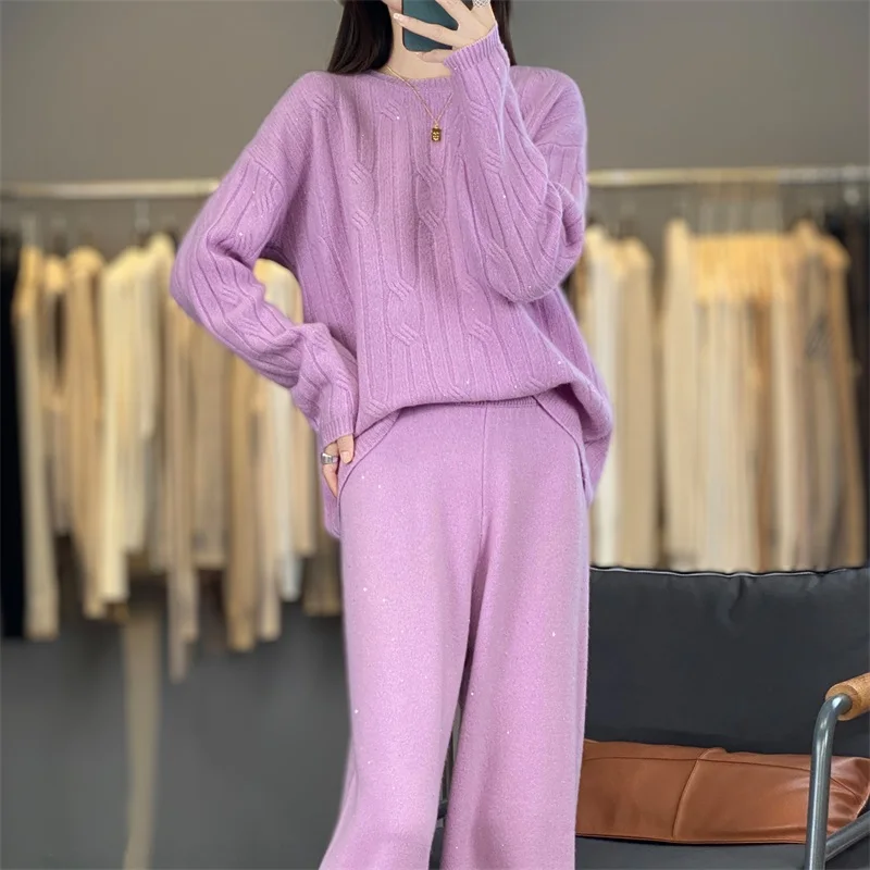 100% Wool Suit New Autumn And Winter Style Round Neck Loose And Fashionable Casual Sweater Knitted Wide-Leg Pants Two-Piece Set