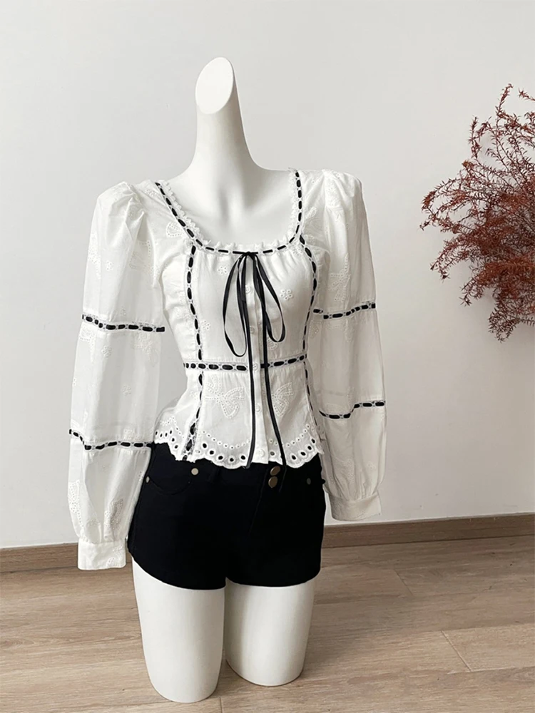 Autumn Women Old Money French Vintage Mori Girl Outfits 2 Piece Set Sweet Long Sleeve Square Collar Lace Shirts + Black Shorts