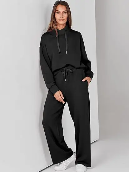 

Loose High Neck Long Sleeve Top Solid Color Commuter Women's Suit With Drawstring Design, Bell-bottom Trousers Two-piece Set