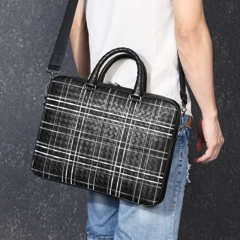 Men\'s Handbag Premium Cowhide Men\'s Bag Business Briefcase Woven Single Shoulder Crossbody Bag Document Laptop Bag High Quality