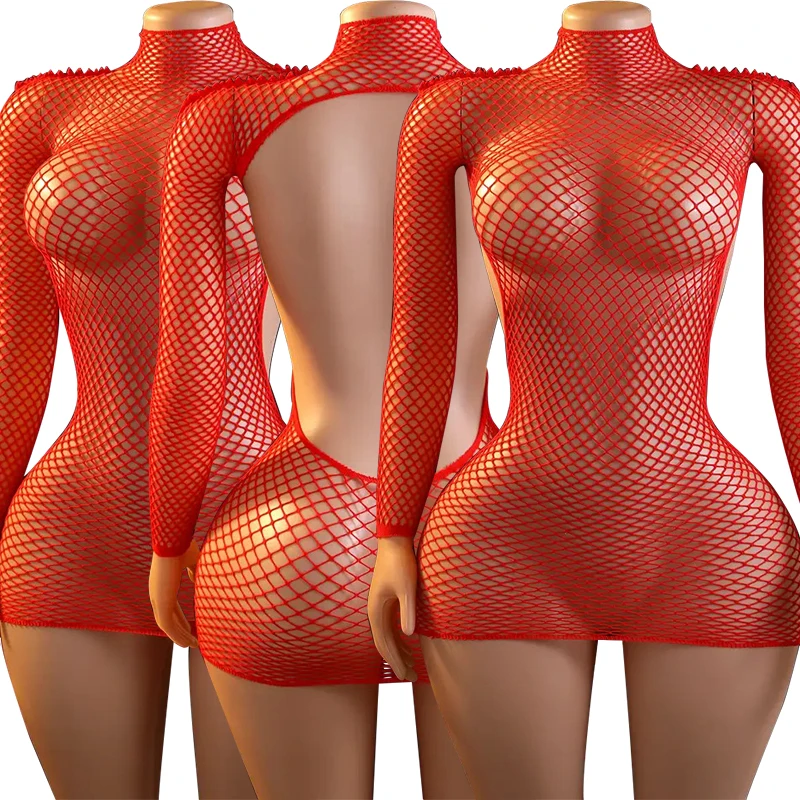 Red Sexy Tights Erotic Lingerie Women High Fishnet Hollow Out Pantyhose Fashion Long Sleeved Bodysuit Mesh Open Back Mini Tights