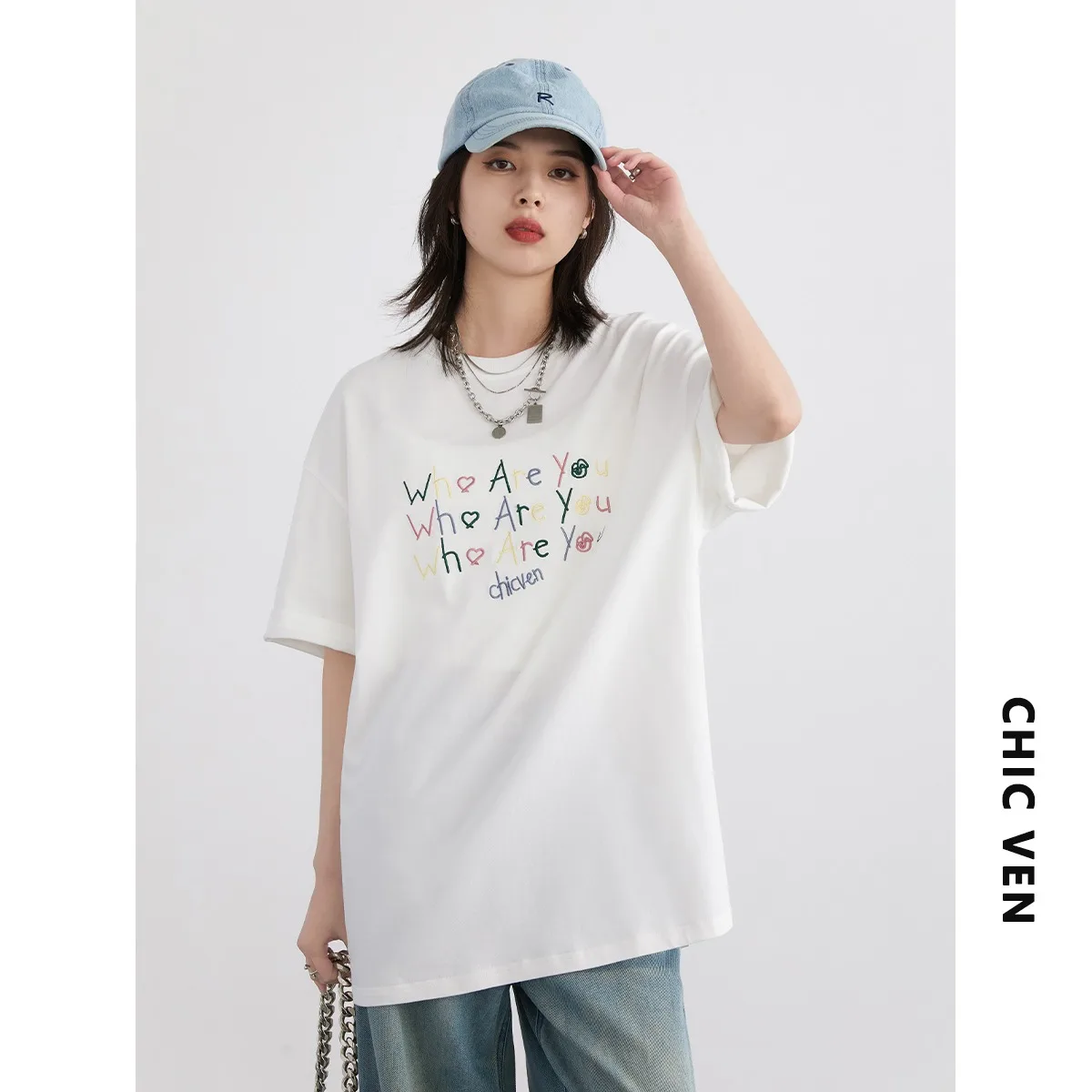 CHIC VEN Fashion Women T-shirt New Loose Casual O Neck Letter Embroidery Short Sleeve Female Top for Girl Summer 2024