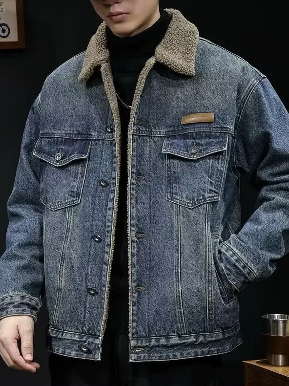 لامب فيلفيت ثينيد الدينيم Jaet الرجال الشتاء Faion فضفاضة الدافئة القطن عمال Jaet مع Fce الشباب Sle