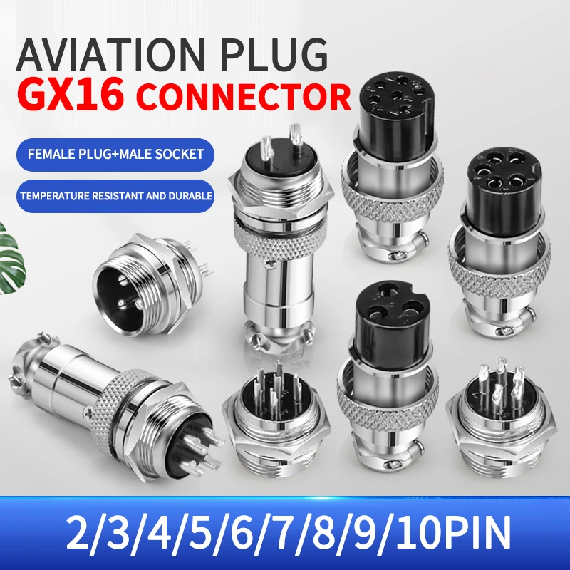 10 juegos de conector de aviación metálico GX16 de 2/3/4/5/6/7/8/9/10 pines, tipo fijo y tipo enchufable, hembra y macho, para cables eléctricos
