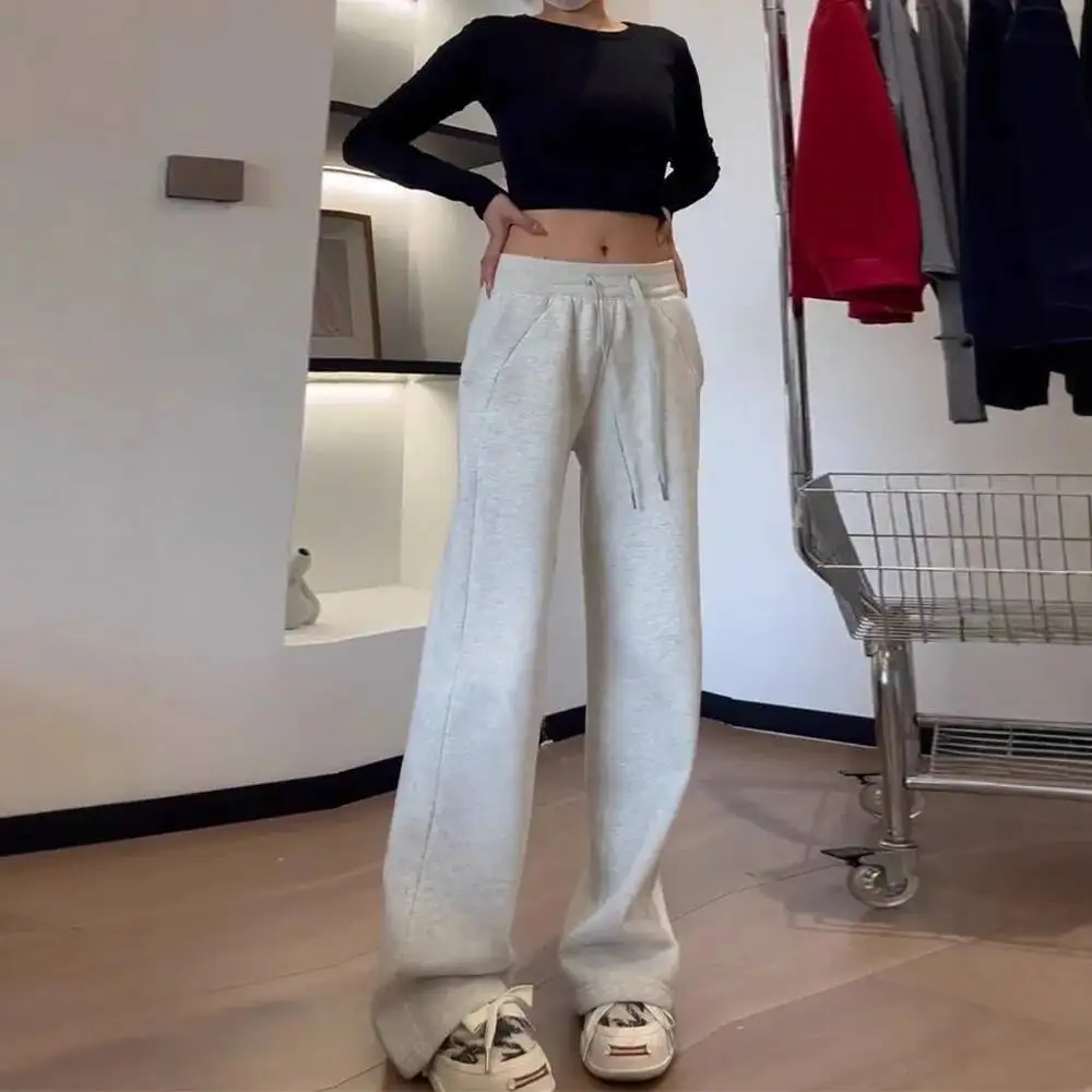 Women Sports Sweat Pants 2025 Autumn Women's Fleece Lined Sweatpants Straight Leg Loose Slim Fitting Casual Wide Leg Pants