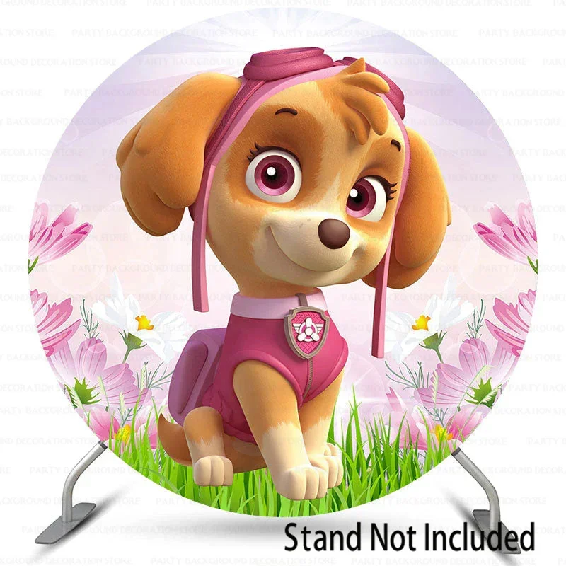 الوردي لطيف السماء الوردي الزهور ايفرست باو باترول الكلب الفتيات خلفية مستديرة تشيس حفلة عيد ميلاد استحمام الطفل خلفية راية